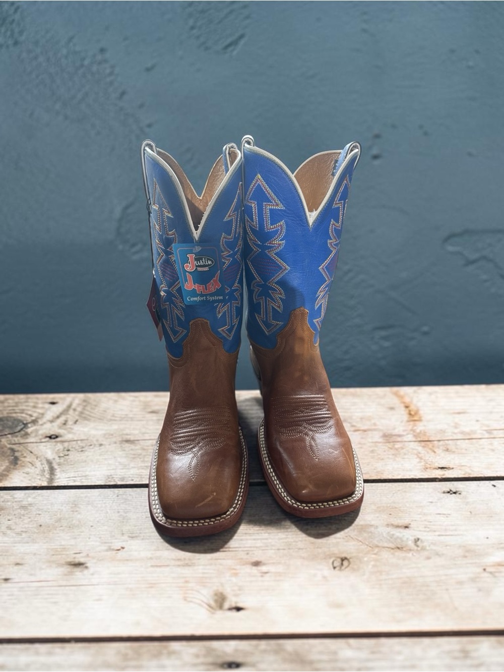 Justin Boots Brown Leather Cowboy Boots with Blue Embroidered Shaft